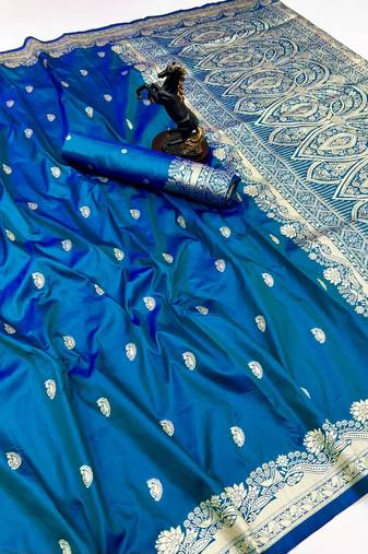 Teal paithani soft silk saree with nath butti & rich zari pallu
