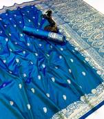 Teal paithani soft silk saree with nath butti & rich zari pallu