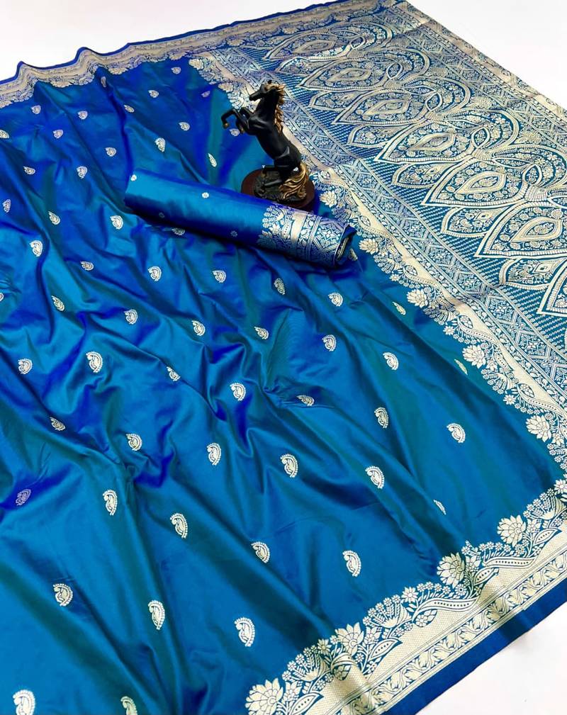 Teal paithani soft silk saree with nath butti & rich zari pallu
