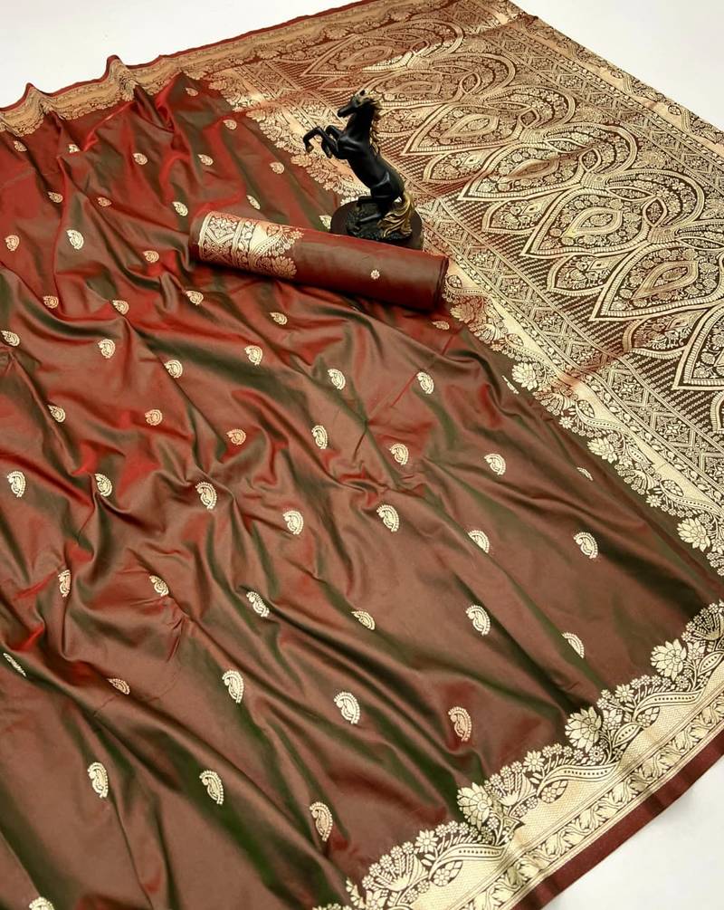 Brown paithani soft silk saree with nath butti & rich zari pallu