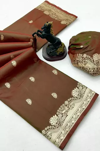 Brown paithani soft silk saree with nath butti & rich zari pallu