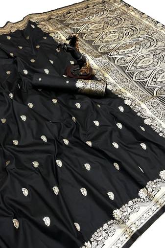 Black paithani soft silk saree with nath butti & rich zari pallu