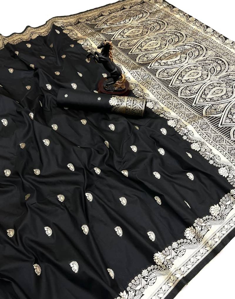 Black paithani soft silk saree with nath butti & rich zari pallu