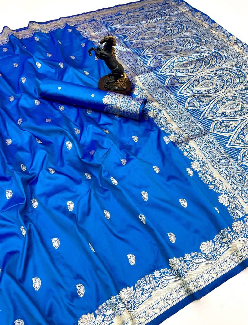 Sky blue paithani soft silk saree with nath butti & rich zari pallu