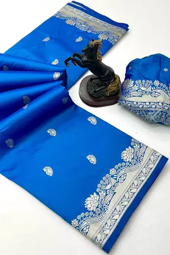 Sky blue paithani soft silk saree with nath butti & rich zari pallu