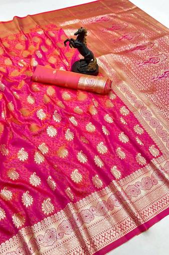 Hot pink banarasi silk saree with zari embossed mango design & rich pallu