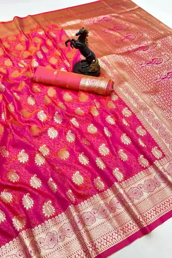 Hot pink banarasi silk saree with zari embossed mango design & rich pallu