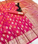 Hot pink banarasi silk saree with zari embossed mango design & rich pallu