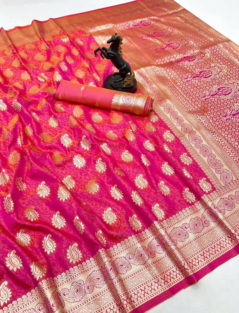 Hot pink banarasi silk saree with zari embossed mango design & rich pallu