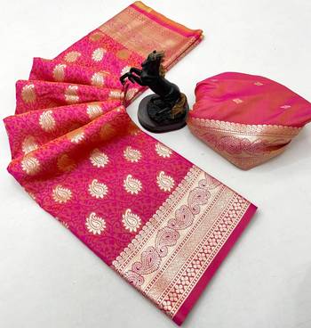Hot pink banarasi silk saree with zari embossed mango design & rich pallu 2