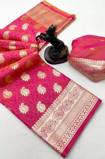 Hot pink banarasi silk saree with zari embossed mango design & rich pallu