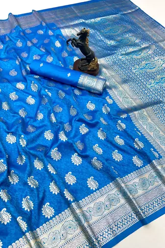 Sky blue banarasi silk saree with zari embossed mango design & rich pallu