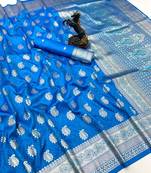 Sky blue banarasi silk saree with zari embossed mango design & rich pallu