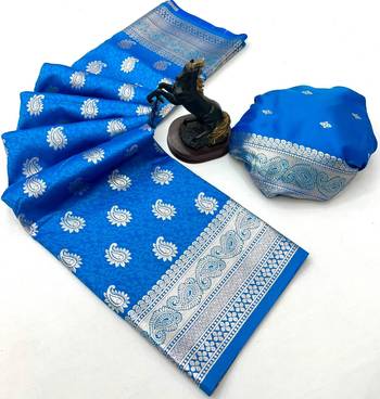 Sky blue banarasi silk saree with zari embossed mango design & rich pallu 2