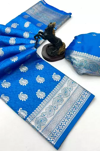 Sky blue banarasi silk saree with zari embossed mango design & rich pallu