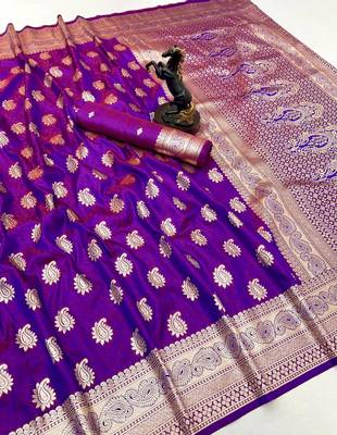 Purple banarasi silk saree with zari embossed mango design & rich pallu 1