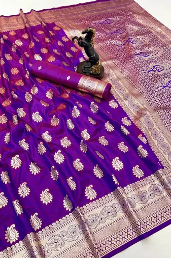 Purple banarasi silk saree with zari embossed mango design & rich pallu