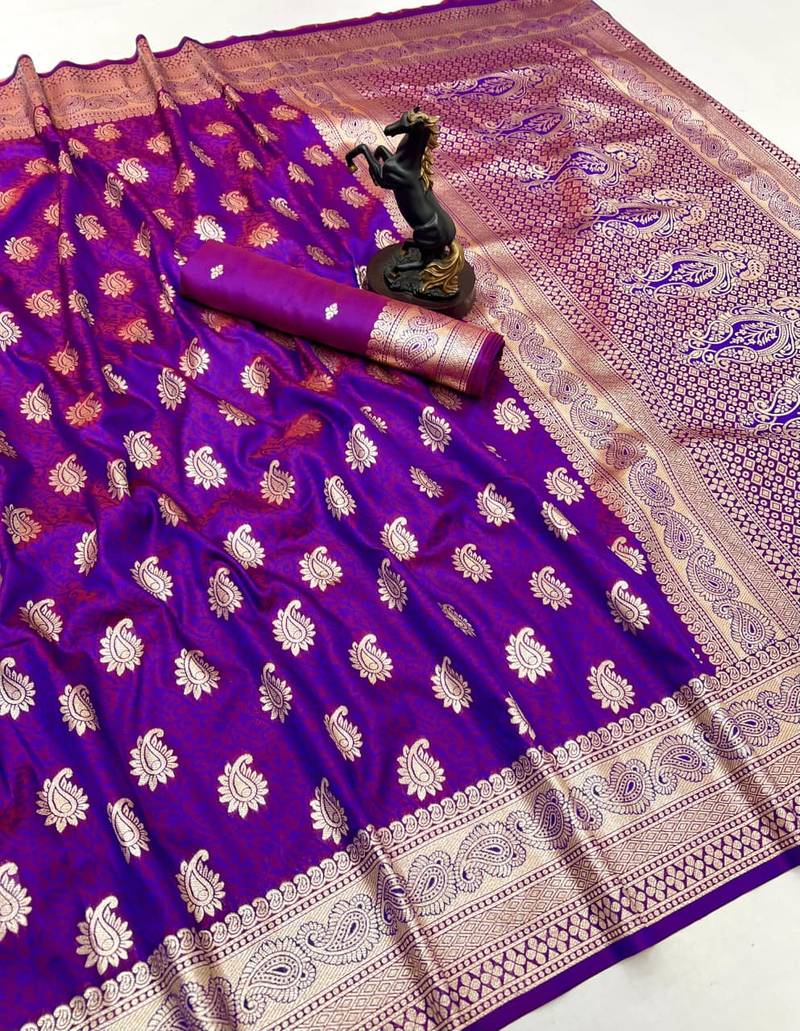 Purple banarasi silk saree with zari embossed mango design & rich pallu