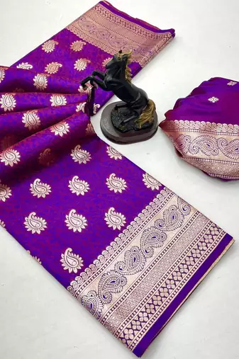 Purple banarasi silk saree with zari embossed mango design & rich pallu
