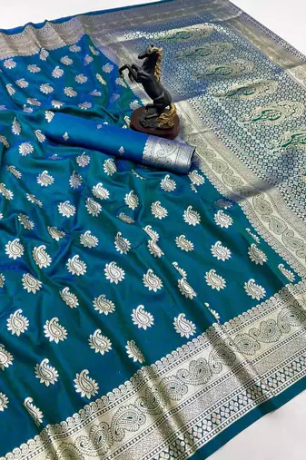 Teal banarasi silk saree with zari embossed mango design & rich pallu