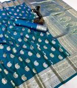 Teal banarasi silk saree with zari embossed mango design & rich pallu