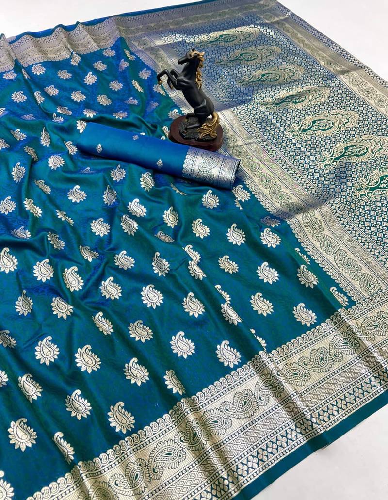 Teal banarasi silk saree with zari embossed mango design & rich pallu