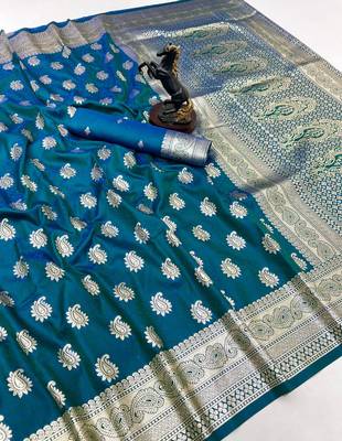 Teal banarasi silk saree with zari embossed mango design & rich pallu 2