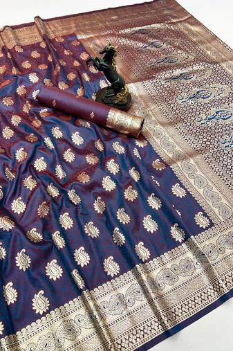 Grey banarasi silk saree with zari embossed mango design & rich pallu