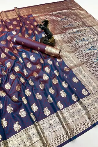 Grey banarasi silk saree with zari embossed mango design & rich pallu
