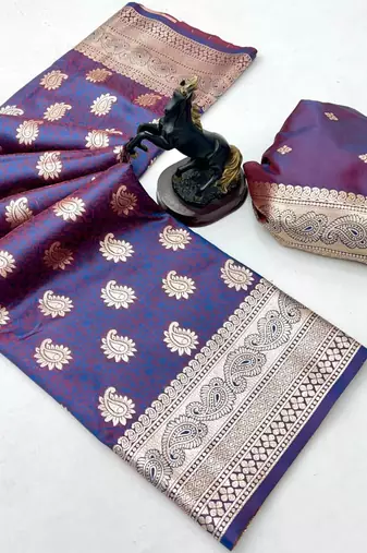 Grey banarasi silk saree with zari embossed mango design & rich pallu