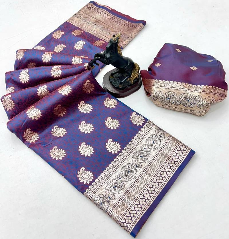 Grey banarasi silk saree with zari embossed mango design & rich pallu