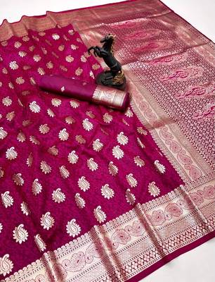 Pink banarasi silk saree with zari embossed mango design & rich pallu 1
