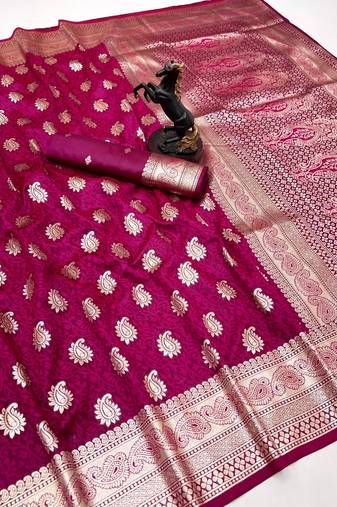 Pink banarasi silk saree with zari embossed mango design & rich pallu
