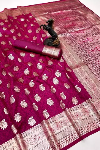 Pink banarasi silk saree with zari embossed mango design & rich pallu