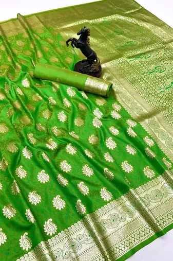 Parrot green banarasi silk saree with zari embossed mango design & rich pallu