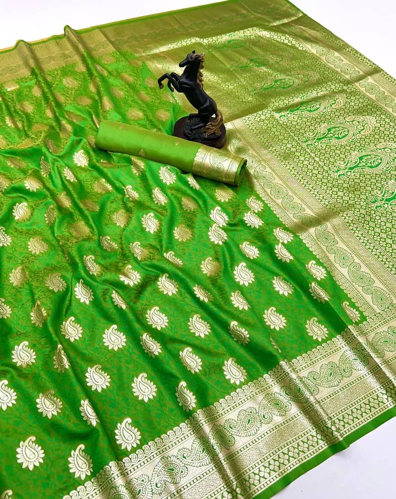 Parrot green banarasi silk saree with zari embossed mango design & rich pallu