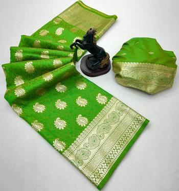 Parrot green banarasi silk saree with zari embossed mango design & rich pallu 2