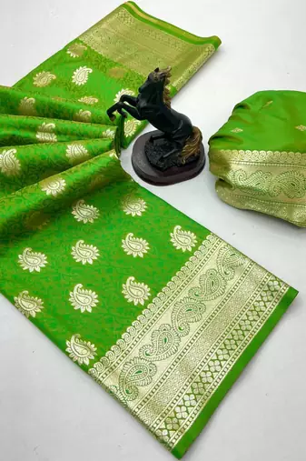 Parrot green banarasi silk saree with zari embossed mango design & rich pallu