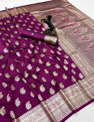 Wine banarasi silk saree with zari embossed mango design & rich pallu 1
