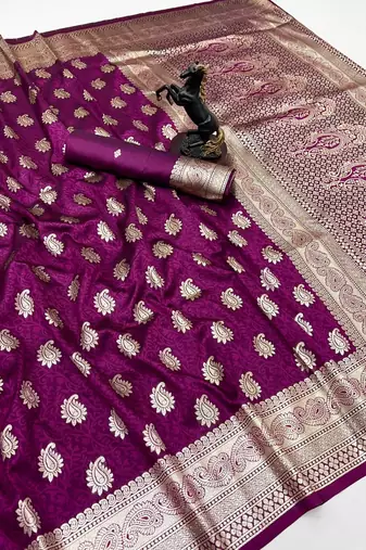 Wine banarasi silk saree with zari embossed mango design & rich pallu