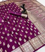 Wine banarasi silk saree with zari embossed mango design & rich pallu