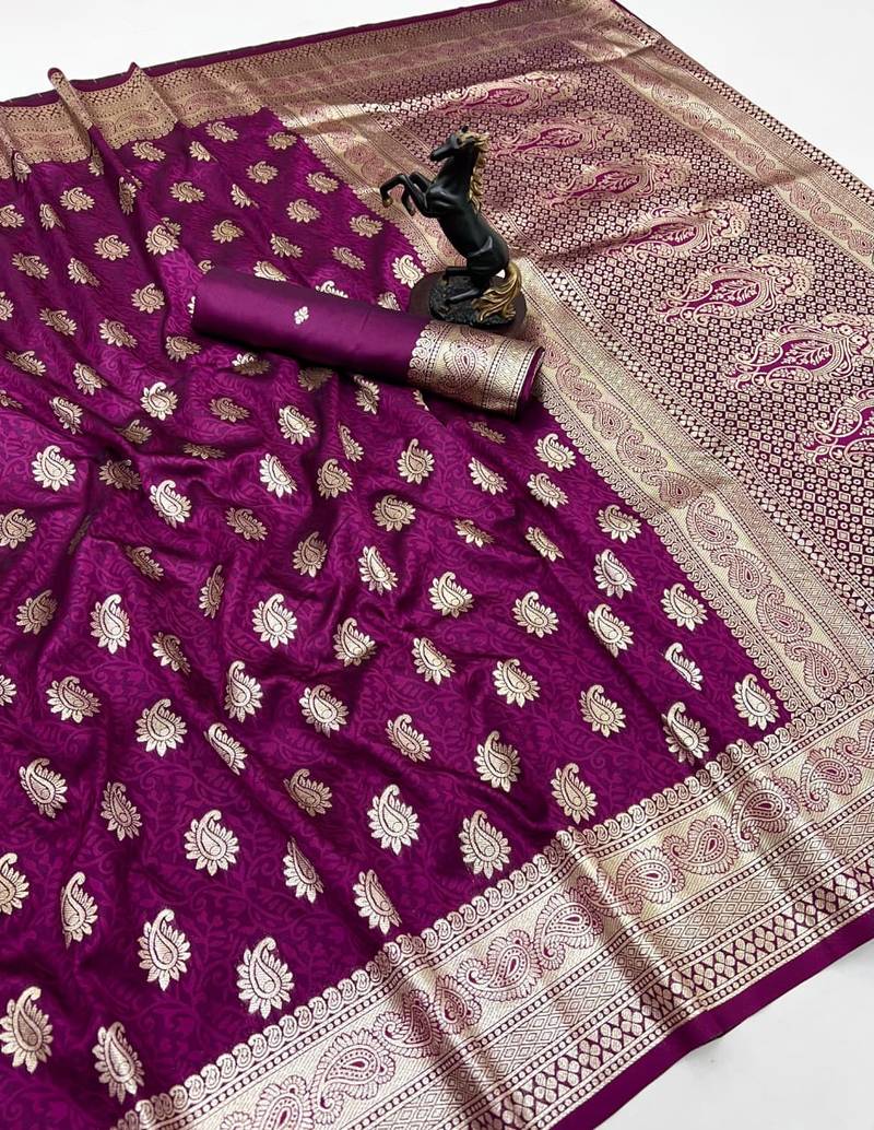 Wine banarasi silk saree with zari embossed mango design & rich pallu