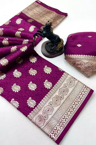Wine banarasi silk saree with zari embossed mango design & rich pallu