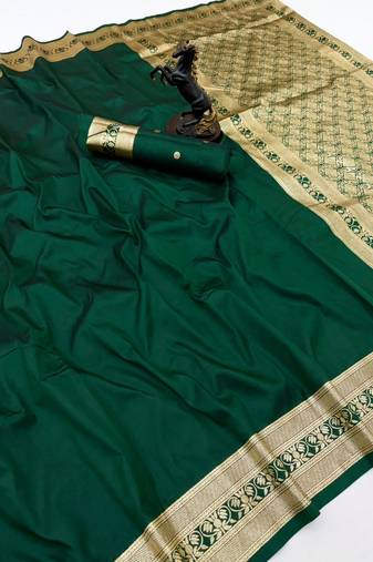 Green soft silk saree with zari gala design & rich woven pallu