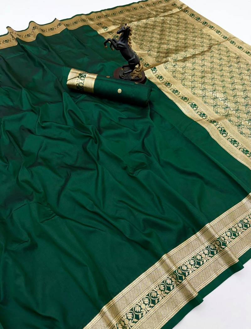 Green soft silk saree with zari gala design & rich woven pallu