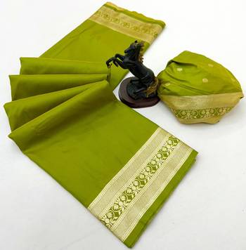 Parrot green soft silk saree with zari gala design & rich woven pallu 2
