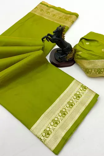 Parrot green soft silk saree with zari gala design & rich woven pallu