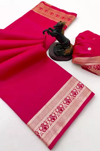 Hot pink soft silk saree with zari gala design & rich woven pallu