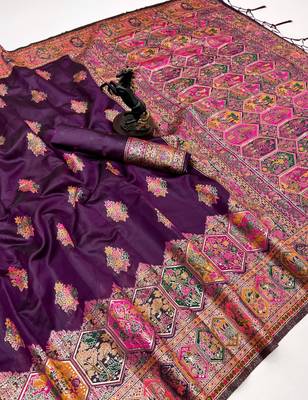 Wine pashmina silk saree with kashmiri meenakari weaving & rich pallu 1