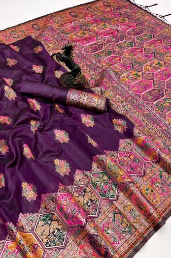 Wine pashmina silk saree with kashmiri meenakari weaving & rich pallu